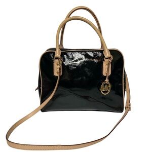 Michael Kors Black Patent Leather Top Handle Bowling Bag With Shoulder Strap